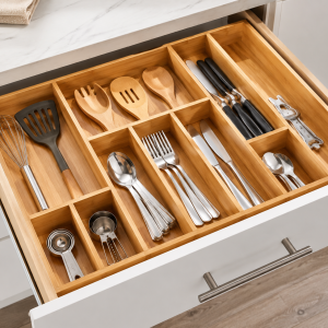 bamboo drawer organizer for kitchen utensils, office supplies and household storage